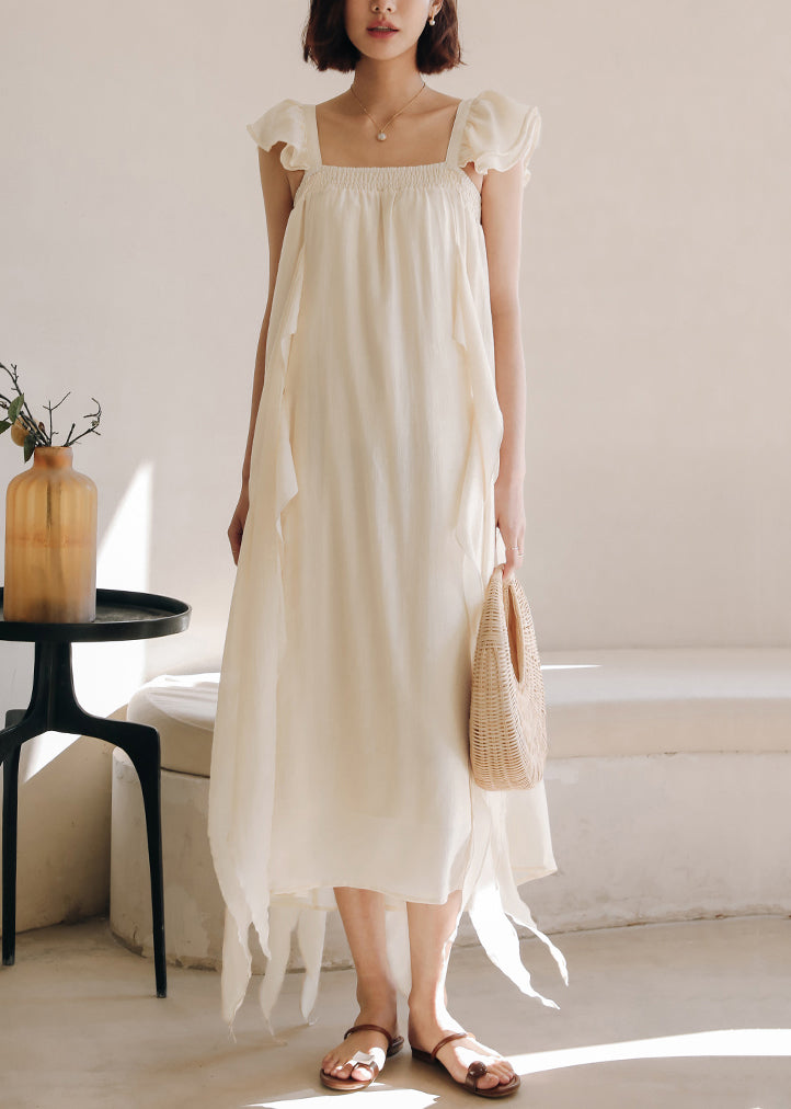 Apricot Square Collar Silk Dresses Summer