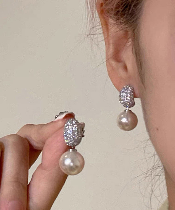 Silk Sterling Silver Zircon Pearl Drop Earrings