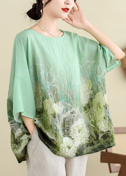Light Green O Neck Print Cotton T Shirt Batwing Sleeve