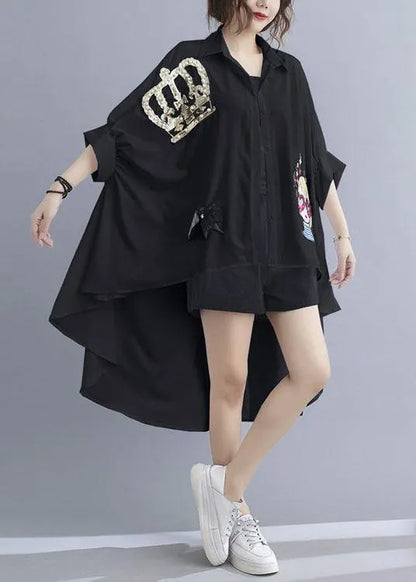 Fine Black Peter Pan Collar Low High Design Summer Top