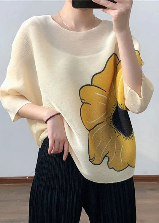 Loose Yellow O-neck Print Top Batwing Sleeve