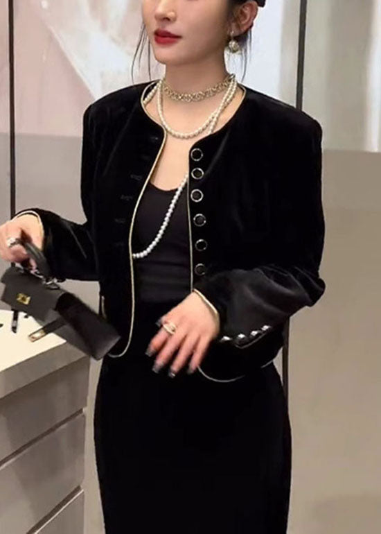 Diy Black O-neck Button Silk Velour Coats Fall