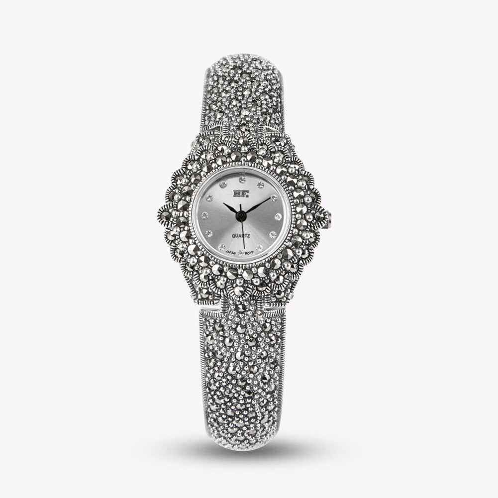 Black Sterling Silver Zircon Metal Organic Glass Wrist Watch