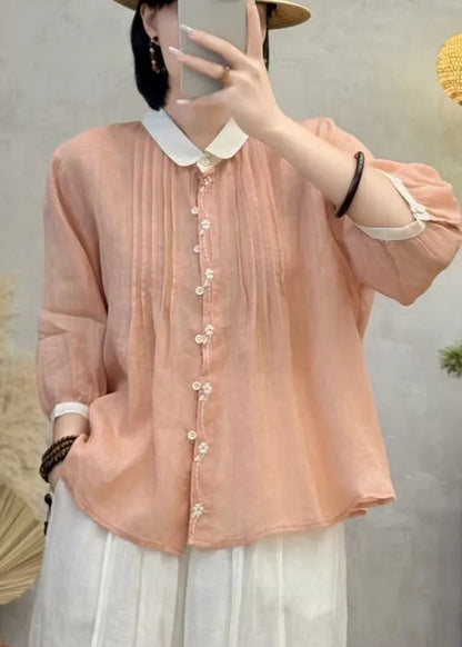 Orange Embroidered Patchwork Wrinkled Linen Blouses Bracelet Sleeve