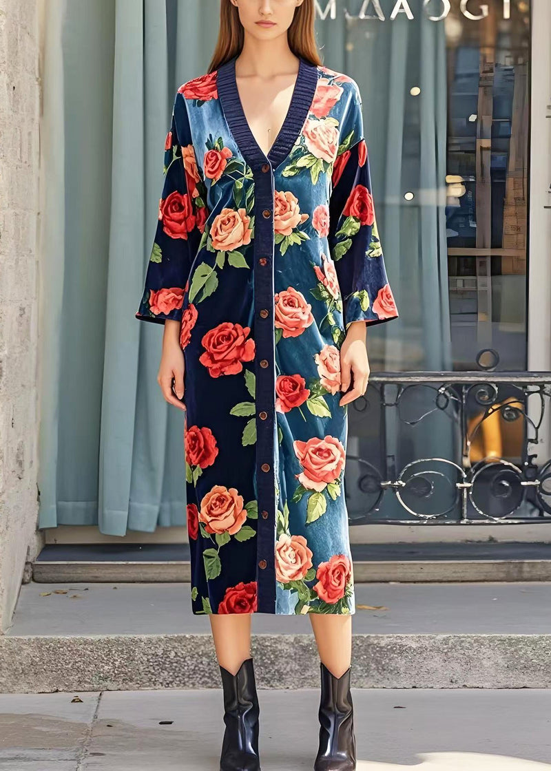 Italian Navy V Neck Silk Velour Long Dress Spring