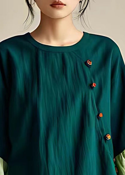 Cozy Green O Neck Button Patchwork Linen Tops Fall