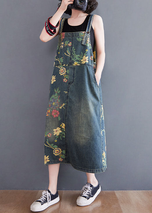 Blue Pockets Print Patchwork Denim Dresses Summer