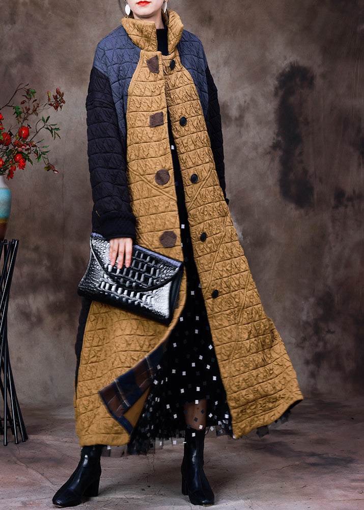 Yellow Stand Collar Patchwork Button Removable Cotton Maxi Coats Long Sleeve