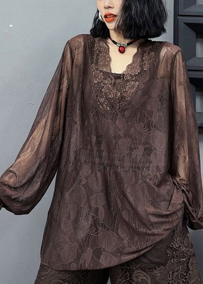 Loose and Versatile Slim V Neck Long Sleeved Coffee Lace Top