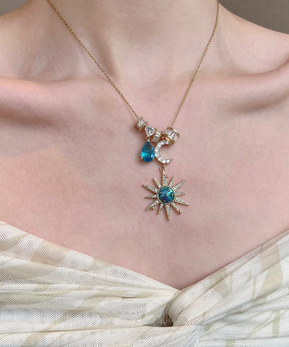 Blue Sun Moon Zircon Alloy Pendant Necklace