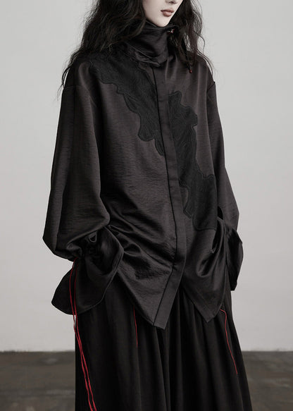 Black Peter Pan Collar Drawstring Patchwork Silk Blouses Fall
