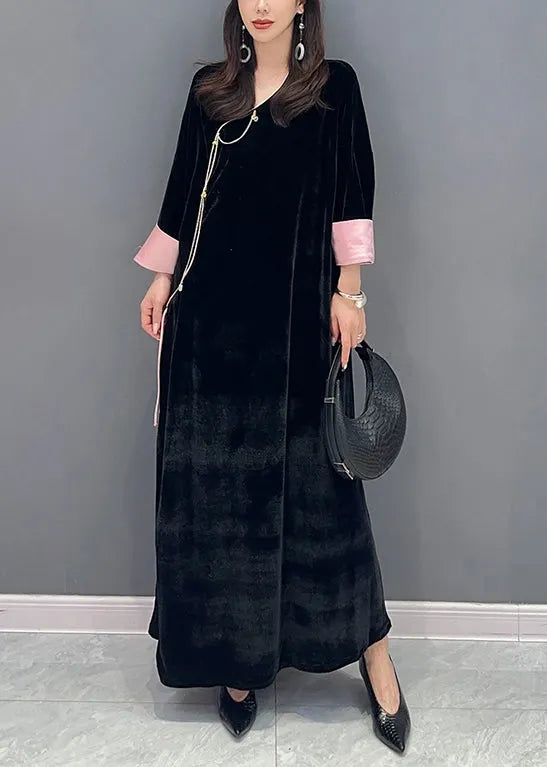 Black Lace Up Side Open Patchwork Velour Long Dress Fall