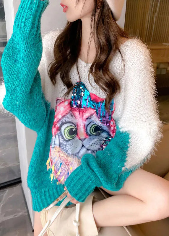 Style Green Loose Tasseled Patchwork Fall Sweater