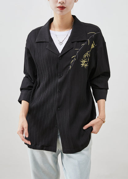 Modern Black Branch Embroideried Cotton Shirt Fall