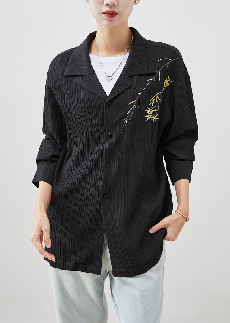 Modern Black Branch Embroideried Cotton Shirt Fall