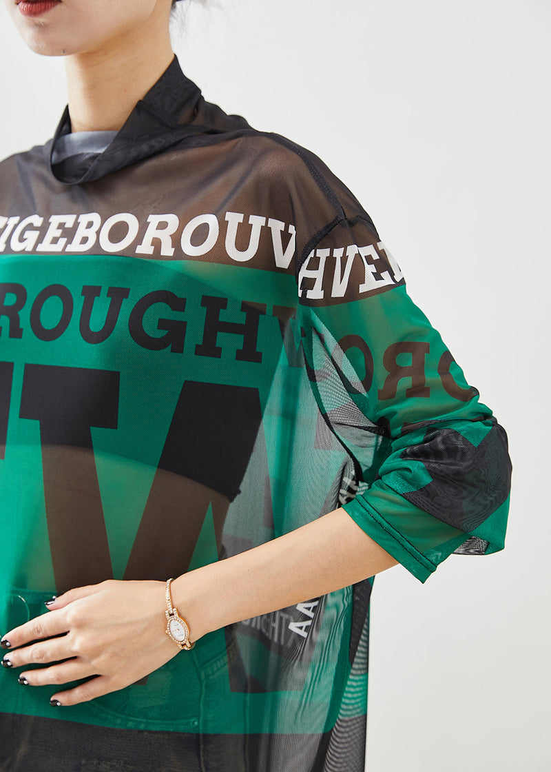 Green Turtle Neck Letter Print Tulle Tops Fall