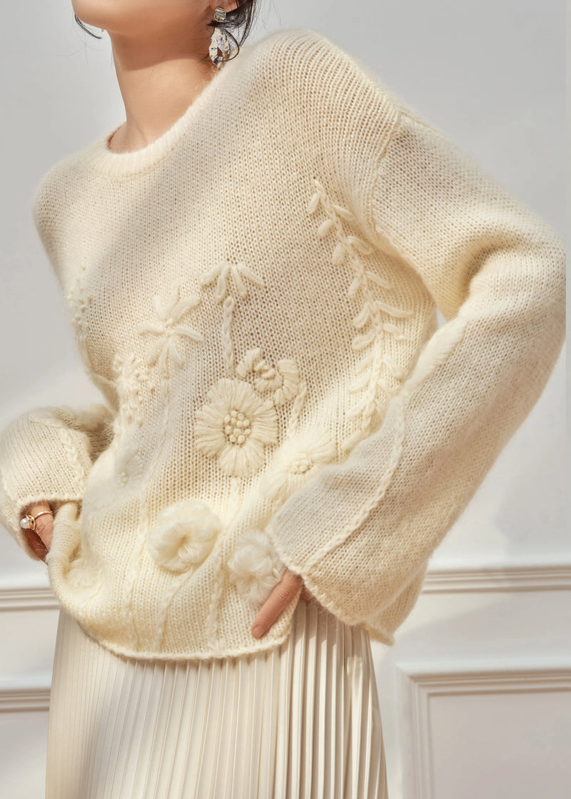 Handmade Beige O Neck Cozy Knit Sweater Tops Fall