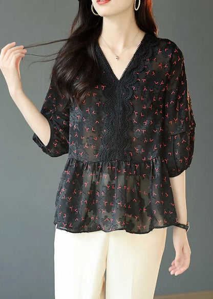 Boutique Black V Neck Wrinkled Print Lace Patchwork Chiffon Shirts Spring