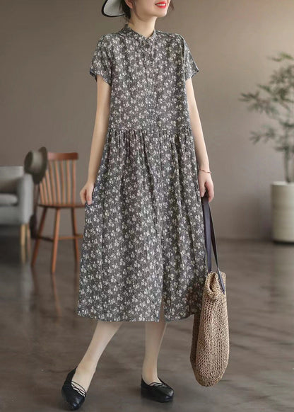 Retro Grey Stand Collar Print Linen Long Dresses Summer