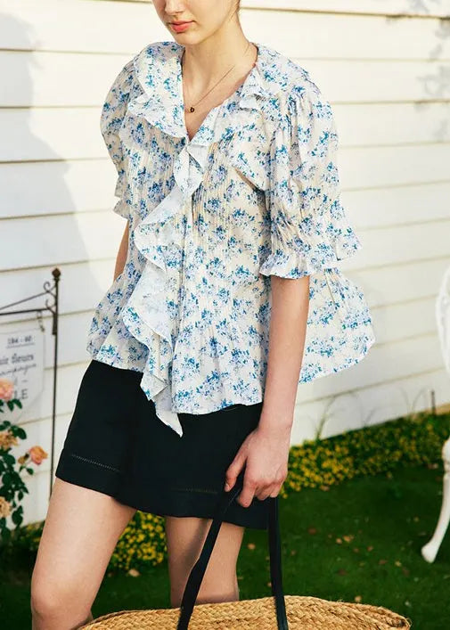 French V Neck Ruffled Print Puff Sleeve Cotton Shirts