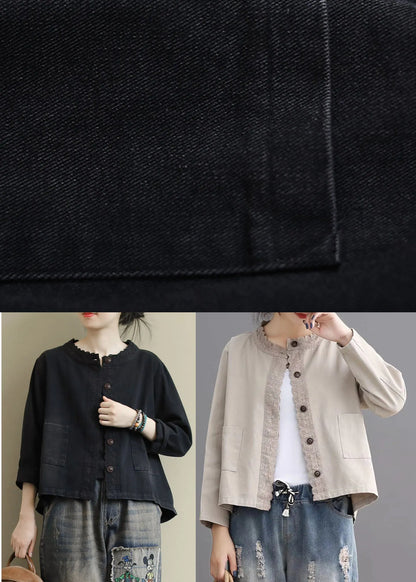 Black Button Embroidered Fall Denim Coat