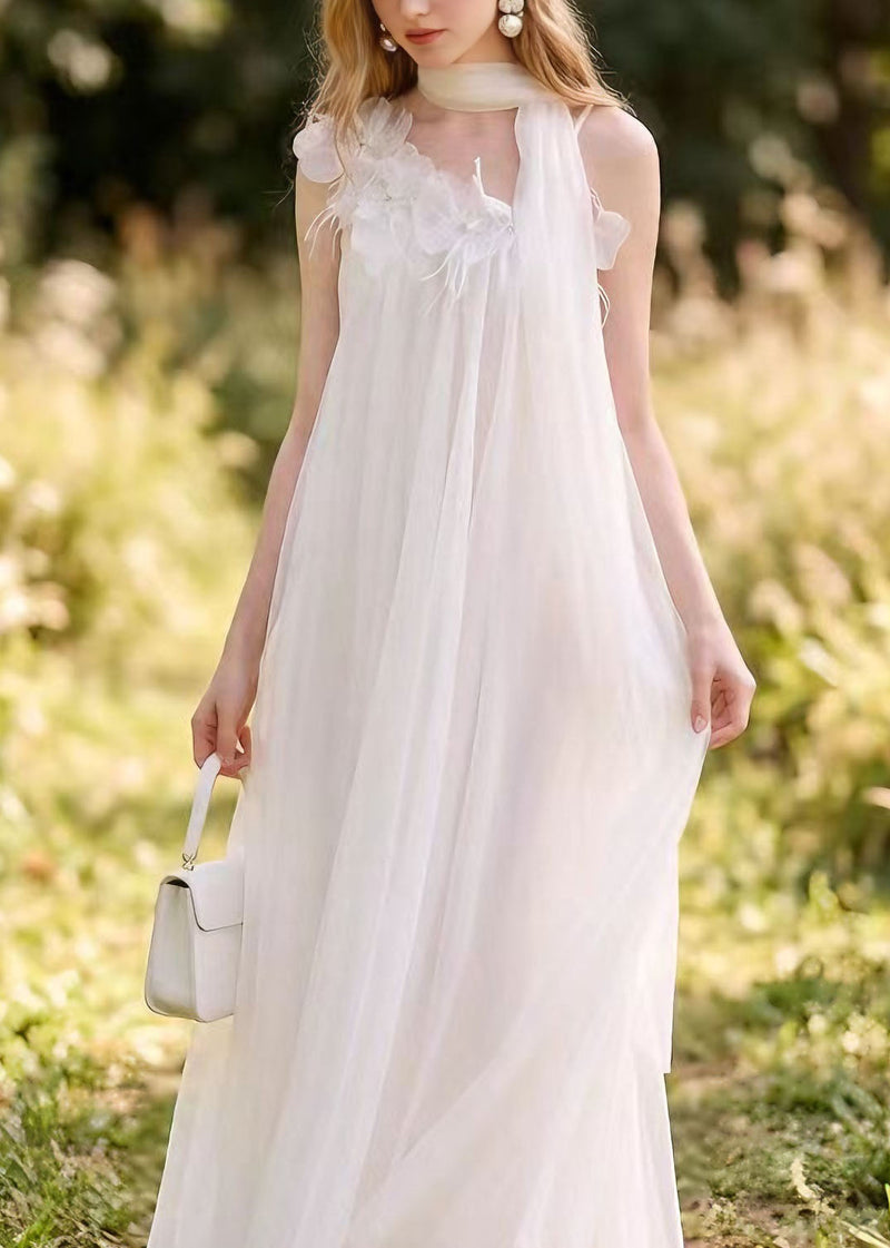 Boutique White Nail Bead Tulle Long Dress Summer