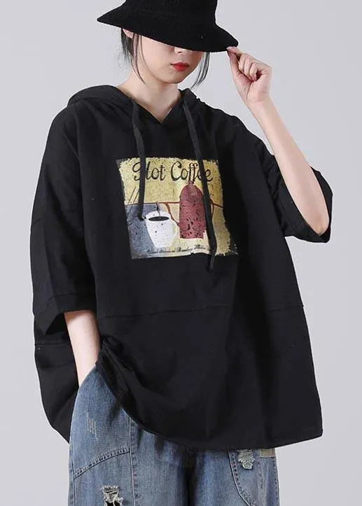 Unique Black Hooded Cotton Loose Sweatshirts Top