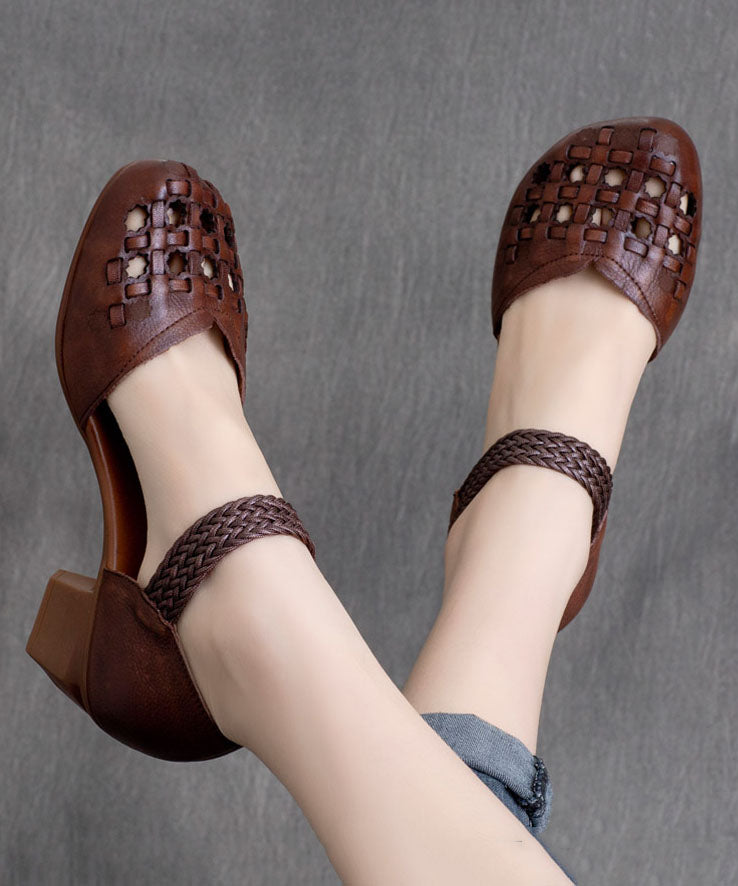 Buckle Strap Hollow Out Splicing Chunky Heel Brown Cowhide Leather
