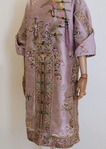 Pink Stand Collar Embroideried Button Silk Cotton Maxi Dresses Fall