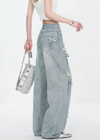 New Blue Bow Hole High Waist Denim Pants Fall