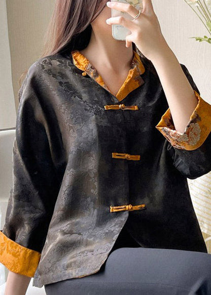 Stand Collar Print Button Side Open Silk Coat Long Sleeve