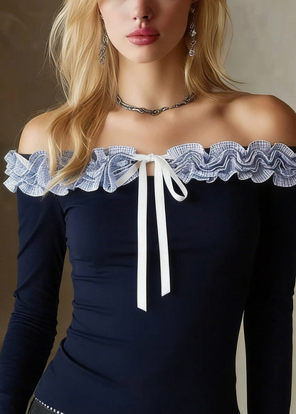 Slim Fit Navy Ruffled Patchwork Top Spring