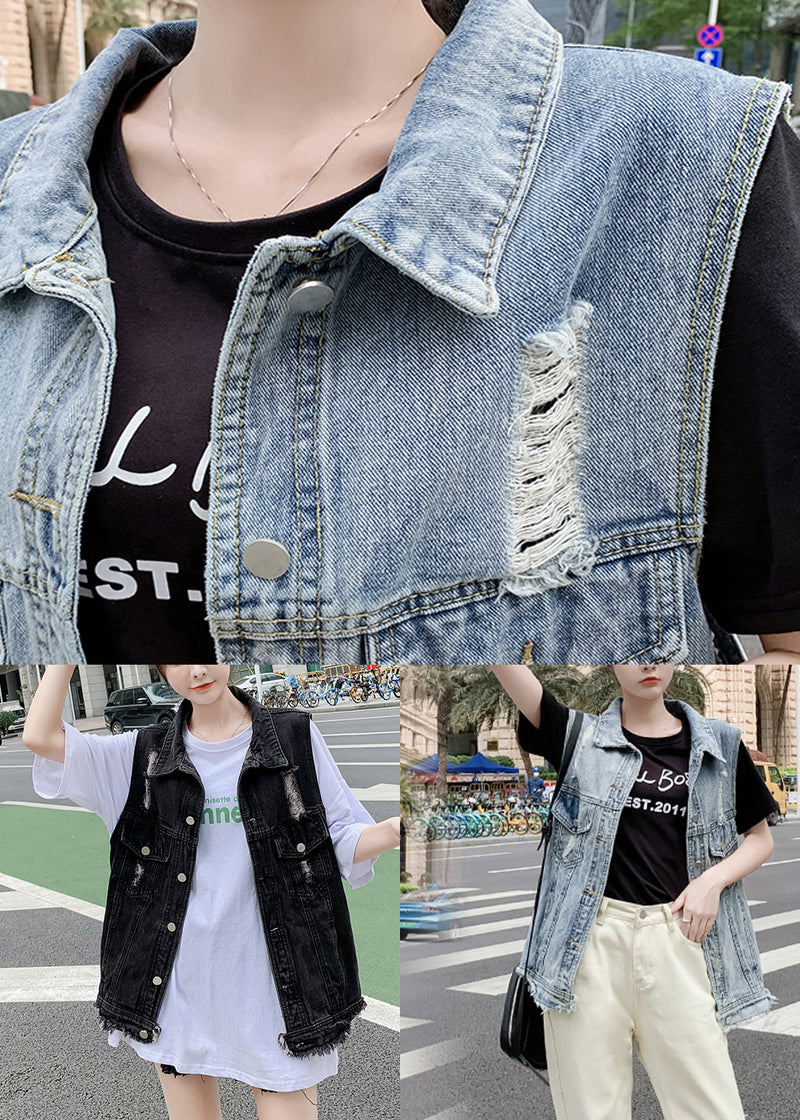 Diy Light Blue Peter Pan Collar Denim Waistcoat Sleeveless