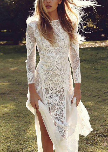 White Backless Hollow Out Lace Maxi Dresses Spring