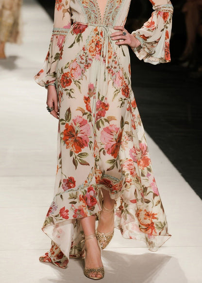 V Neck Print Loose Cotton Dresses Flare Sleeve