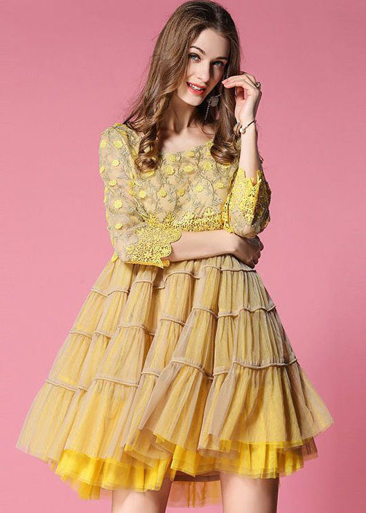 Natural Yellow O Neck Patchwork Wrinkled Tulle Mid Dress Spring