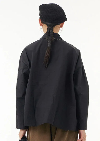 Black Peter Pan Collar Geometric Patchwork Cotton Blouses Spring