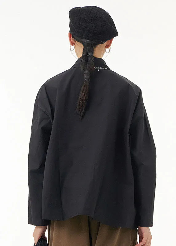 Black Peter Pan Collar Geometric Patchwork Cotton Blouses Spring