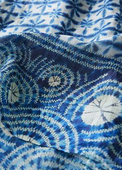 Chinese Style Blue Button Print Pockets Linen Dresses Half Sleeve Summer