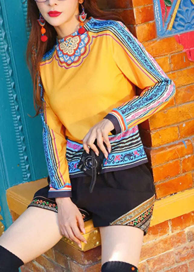 Yellow O-neck Print Patchwork Top Long Sleeve