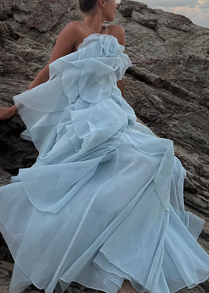 Blue Ruffled Asymmetrical Design Chiffon Spaghetti Strap Dress Summer
