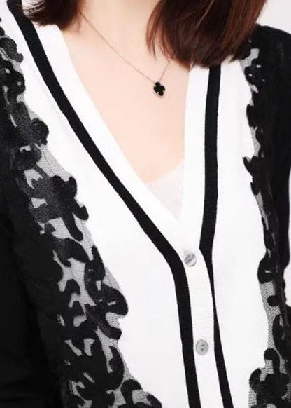 Black V Neck Tulle Patchwork Knit Tops Long Sleeve