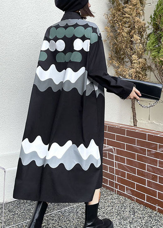 Black Print Button Pockets Fall Shirts Long Sleeve Dress