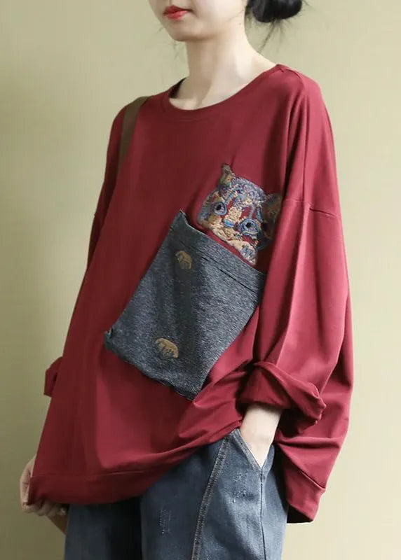 Art Red O-neck Embroideried Pockets Cotton Sweatshirt Long Sleeve