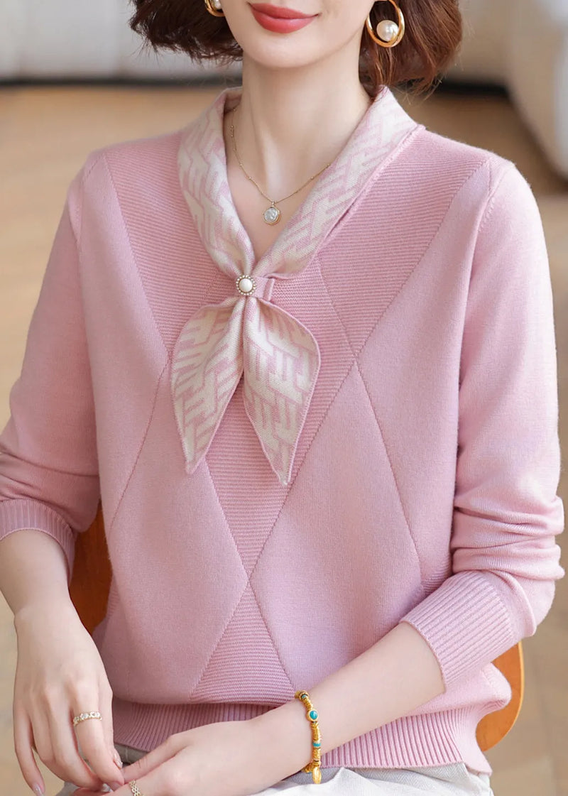 Brief Light Purple Bow Patchwork Cotton Knit Sweaters Fall