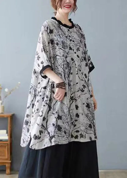 Grey Print Ruffled Patchwork Tops Short Sleeve