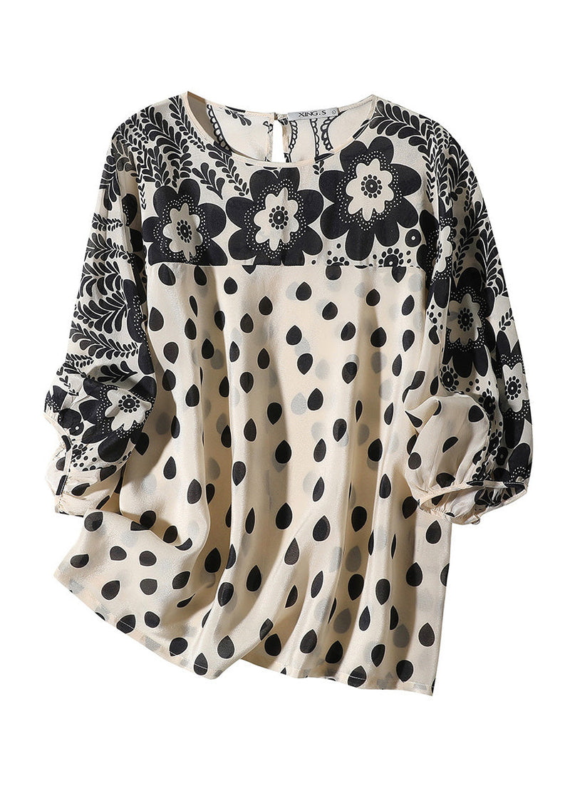 Apricot O-neck Print Silk Shirts Long Sleeve