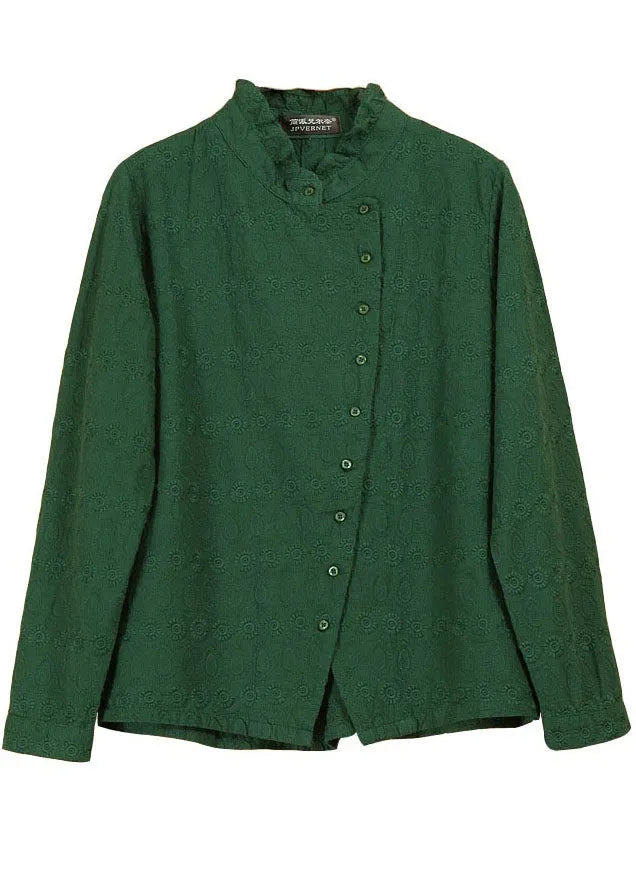 Natural Green Ruffled Jacquard Button Tops Long Sleeve