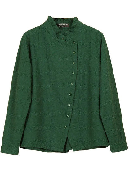 Natural Green Ruffled Jacquard Button Tops Long Sleeve