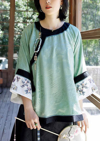 Light Green O-neck Patchwork Print Silk Shirt Tops Spring
